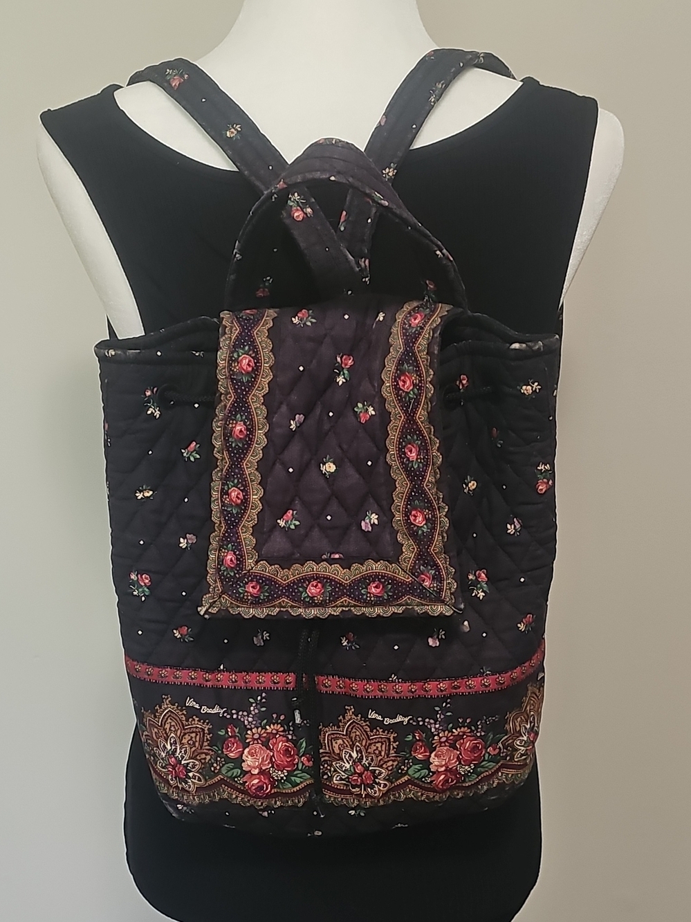 Vera Bradley Quilted Black Backpack with Pink and Green Floral Trim